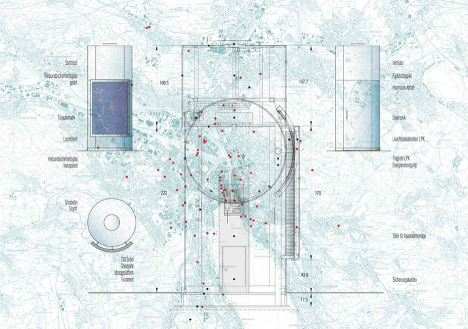 Image 6: Web page (hans-ulrich-imeshc.ch) -design panel with map of Zurich in the background indicating chosen locations for each phone booth