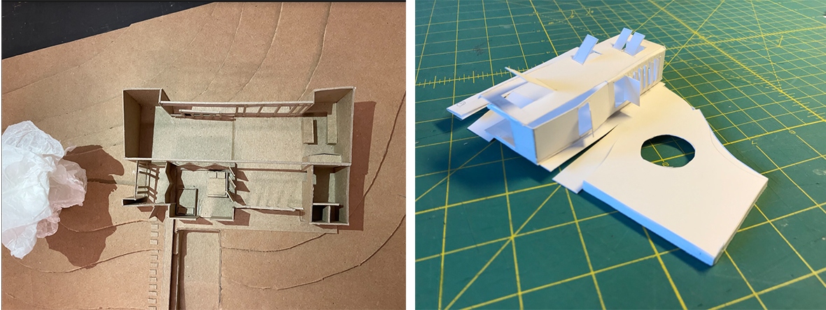 1. sketch model of student project for a wall house and 2. sketch model done in one single folded Bristol paper