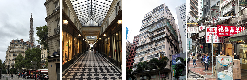 Comparative photographs between Paris and Hong Kong.