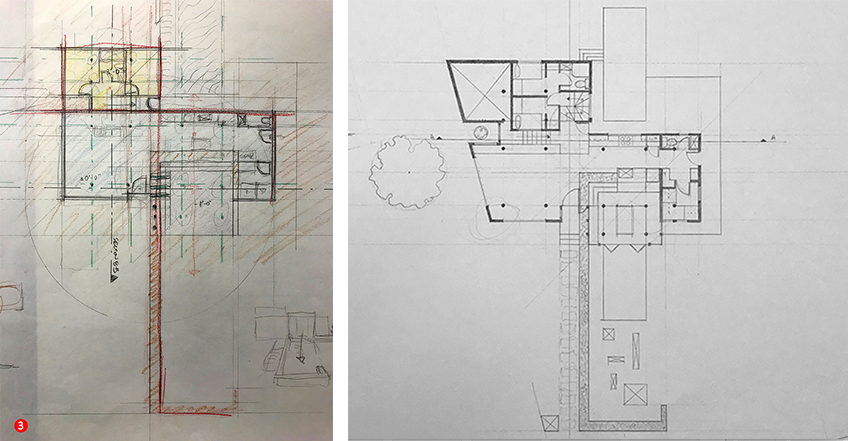 two drawings of a wall house design 1. sketched plan and 2. drafted plan