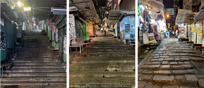  Night views of steep staircase-streets leading towards mid-levels of Hong Kong (author’s collection)