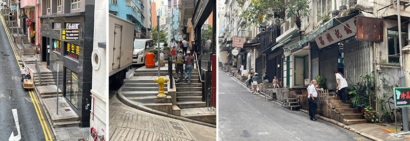 Views of alternating stairs and landings (left and right), and my favorite Piranesian stair resolution at the intersection of Peel Street and Hollywood Road (middle) (author’s collection)